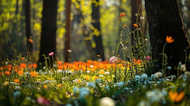 Sunlit Forest Floor Blooming With Bluebells and Orange Wildflowers in Spring