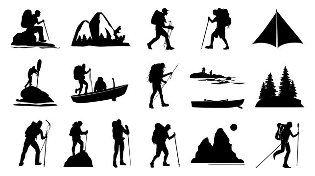 Collection of black silhouette icons depicting various outdoor activities and adventure Stock Vector