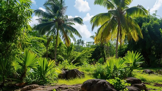 Sunlit tropical garden scene with tall palm trees and lush green foliage under a bright sky