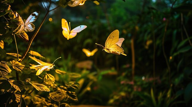 Sunlit Yellow Butterflies Dancing Through a Dense Forest Under Warm Afternoon Rays
