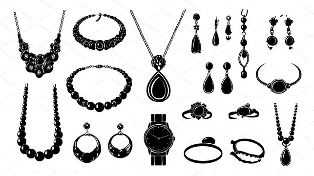 Collection of various jewelry icons including necklaces, bracelets, earrings, rings, and watches in black silhouette Stock Vector