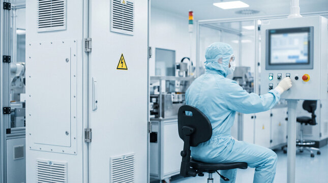 A technician operating automated control panel inside sterile high technology manufacturing facility, representing precision production and contamination control.