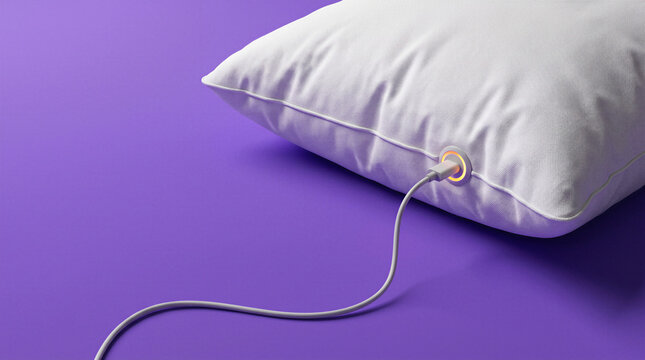 Futuristic smart pillow connected by charging cable with illuminated electronic port, representing sleep technology, comfort innovation and smart home devices.