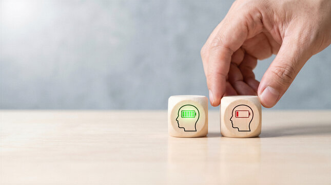 Mental energy and burnout concept with wooden blocks showing full and depleted brain battery levels with copy space.