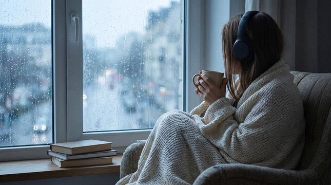 Woman relaxing with headphones and warm drink beside rainy window with copy space, representing mindful solitude and cozy indoor lifestyle.