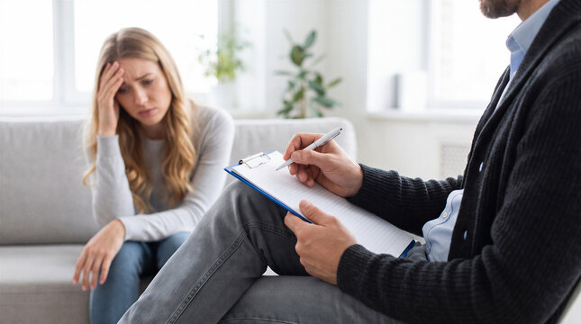 Distressed young woman talking with male therapist during counseling session at home, representing emotional support, psychotherapy, and mental health care.