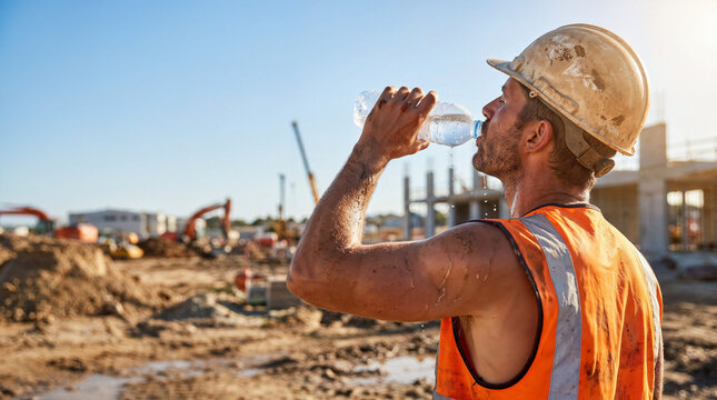 Construction worker drinking bottled water on hot building site with copy space, highlighting hydration, heat stress prevention and physical labor under summer working conditions.