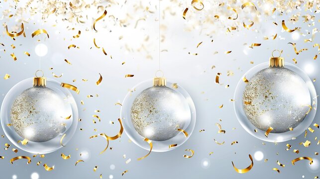 Three Shiny Silver Christmas Ornament Balls Adorned with Gold Confetti and Festive Glitter