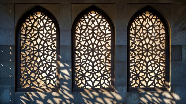 Three tall arched lattice windows with geometric patterns casting patterned shadows on a blue wall