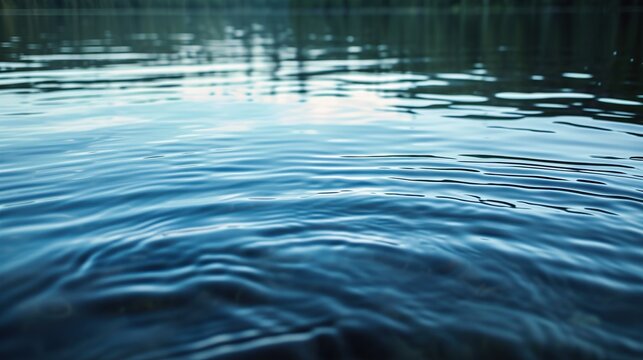 Tranquil Blue Lake Surface Reflecting a Distant Line of Trees and Sky