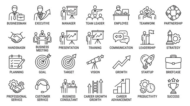 Corporate management icons set displaying outline graphics for leadership, executive roles, presentation, and team strategy.