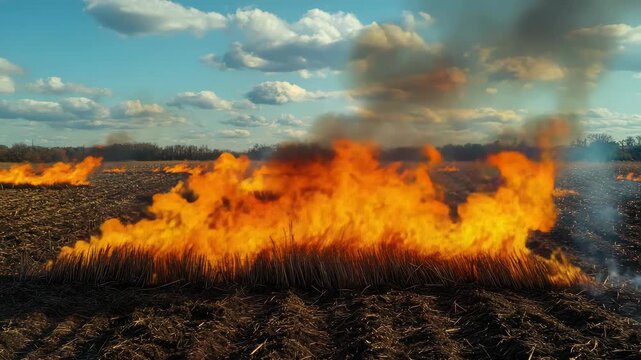 A large fire burning in a field under a blue sky with clouds.