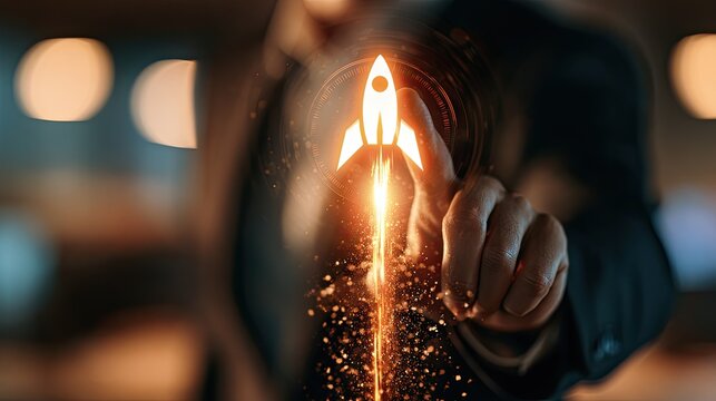 Finger activating glowing rocket ship icon with fiery trail of sparks