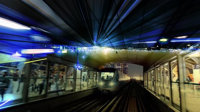  hyperlapse shot of the dubai metro with abstract light trails