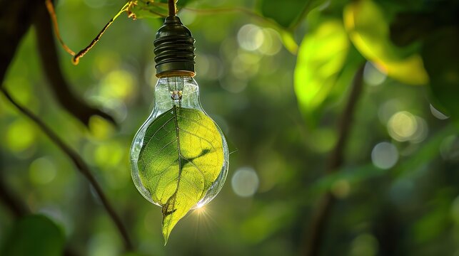 Translucent Green Leaf Encased in a Hanging Glass Light Bulb Amid Lush Forest Light