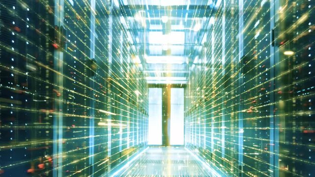 Network and data servers behind glass panels in a server room of a data center or ISP. Forward Dolly Shot with digital code flythrough overlay.