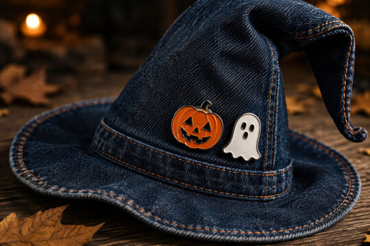 Denim Witch Hat with Pumpkin and Ghost Enamel Pins for Halloween