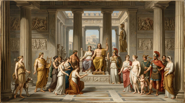 Neoclassical Style Oil Painting Mythological Scene with Greek Gods Goddesses in Ancient Temple Idealized Figures Balanced Composition Museum Quality Artwork