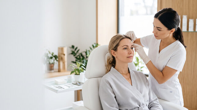 Professional cosmetologist in blue scrubs and medical mask administering a precise botulinum toxin injection to smooth forehead wrinkles on a female client in a modern aesthetic dermatology clinic