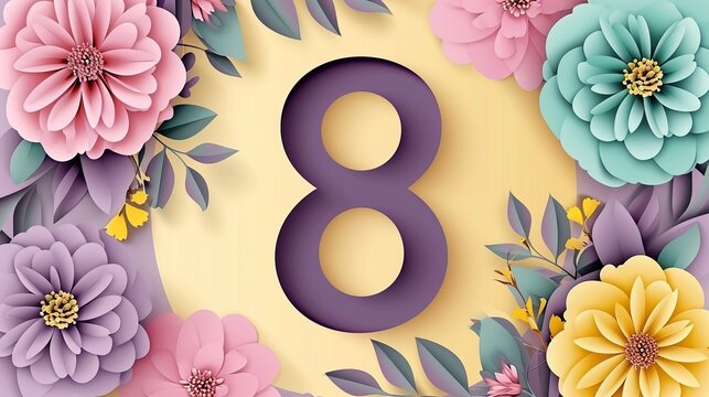 Vibrant Floral Frame Surrounding a Bold Purple Number Eight on Soft Yellow Background