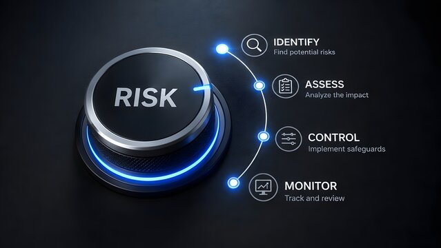 3D illuminated risk management button with identify, assess, control, and monitor strategy steps on a dark background.