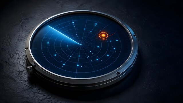 Futuristic glowing blue radar screen detecting an orange target blip on a dark metallic surface for security and navigation concepts.