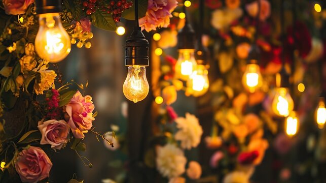 Warm Ambient Floral Night Scene Featuring Hanging Edison Bulbs and Blooming Roses