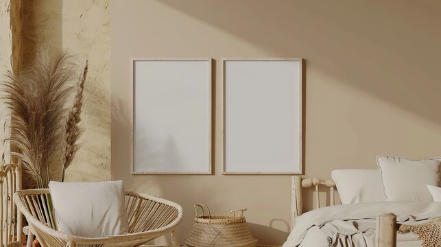 Warm Neutral Boho Bedroom Corner with Rattan Chair, Soft Light, and Framed Art