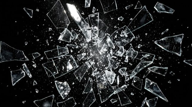 Abstract background of shattered glass fragments exploding on black.
