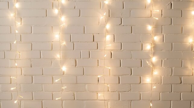 Warm string lights hung in vertical lines against a white brick wall creating a cozy ambient glow