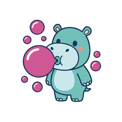 Naklejka premium Cute Kawaii Hippo Blowing Pink Bubble Gum Sticker Vector Illustration