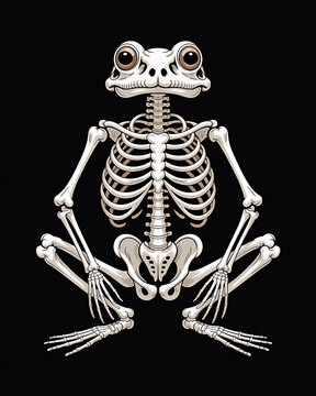 A frog skeleton with large eyes and detailed bone structure is illustrated digitally.