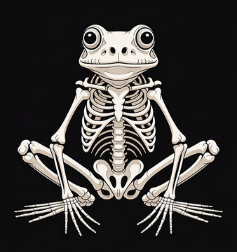 A frog skeleton with large eyes and detailed bone structure is illustrated digitally.