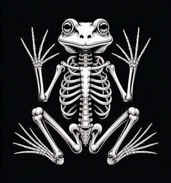A frog skeleton with large eyes and detailed bone structure is illustrated digitally.