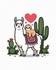 Naklejka premium A llama with a sloth riding on its back stands amongst desert cacti and hearts.
