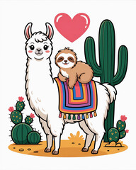 Naklejka premium A llama with a sloth riding on its back stands amongst desert cacti and hearts.