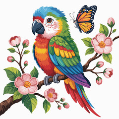Obraz premium Colorful parrot perched on a flowering branch a detailed vector illustration avian.