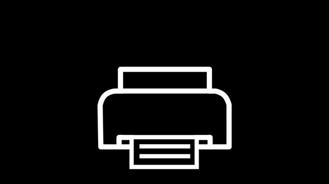 Simple animated white outline icon of an office printer printing a document against a black background.