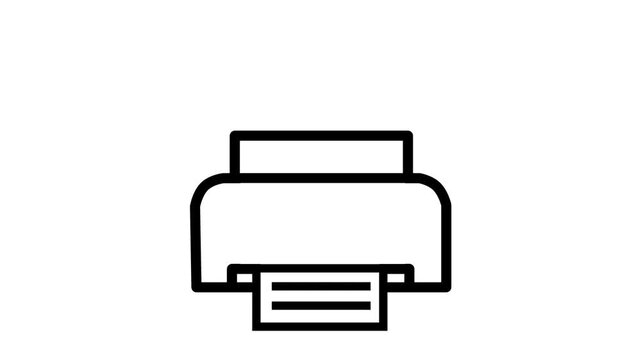 Simple animated black outline icon of an office printer printing a document against a solid white background.