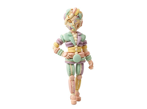 Playful human figure sculpture crafted entirely from colorful macarons on a black background whimsical art and confectionery design
