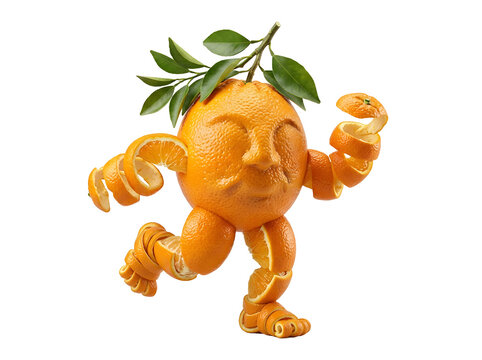 Playful orange fruit character with a smiling face and dynamic pose against a black background creative food art concept