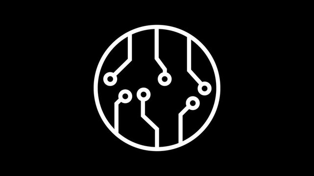Animated white circuit board icon with blue accents appearing inside a circle on a dark black background.