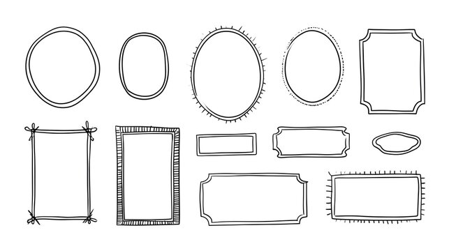 Doodle frames set. Hand drawn geometric colorful border collection. Minimal hand drawn oval, arch or rectangle shapes kit. Elegant retro empty banner, poster, placard decor. Doodle vintage emblem. 