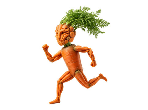 A whimsical anthropomorphic carrot character running with sculpted vegetable muscles against a stark black background
