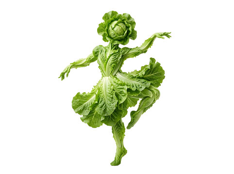 A whimsical ballerina figure creatively crafted from fresh green cabbage leaves dances against a stark black background artistic food photography