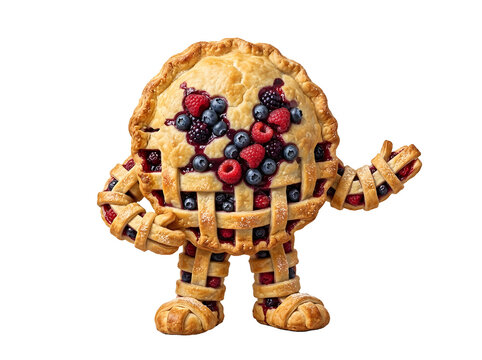 A whimsical anthropomorphic pie character shaped like a turtle with fresh berries on a black background