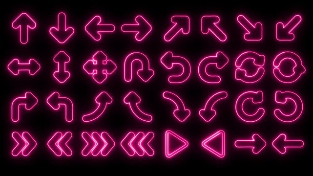 Pink neon arrow icons set, glowing directional pointers on black background, retro futuristic navigation symbols for video editing