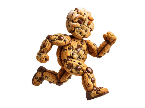 A whimsical chocolate chip cookie man running with outstretched arms against a dark black background a playful confectionary concept