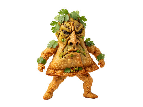A whimsical character resembling a grumpy food monster made of pastry and herbs on a black background