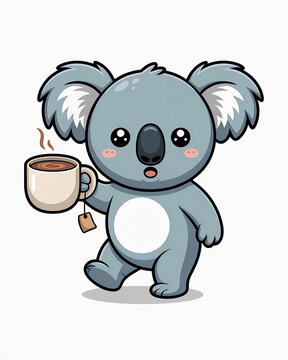 Cartoon koala holding a steaming mug a colorful vector illustration on a white background.